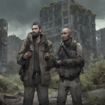 Two men in rugged clothing standing in a desolate urban environment with overgrown vegetation.