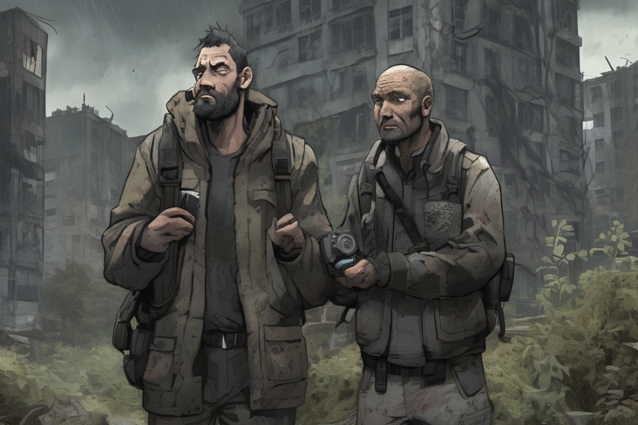 Two men in rugged clothing standing in a desolate urban environment with overgrown vegetation.