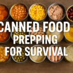 Assorted canned food items including beans, corn, and vegetables arranged in a row.