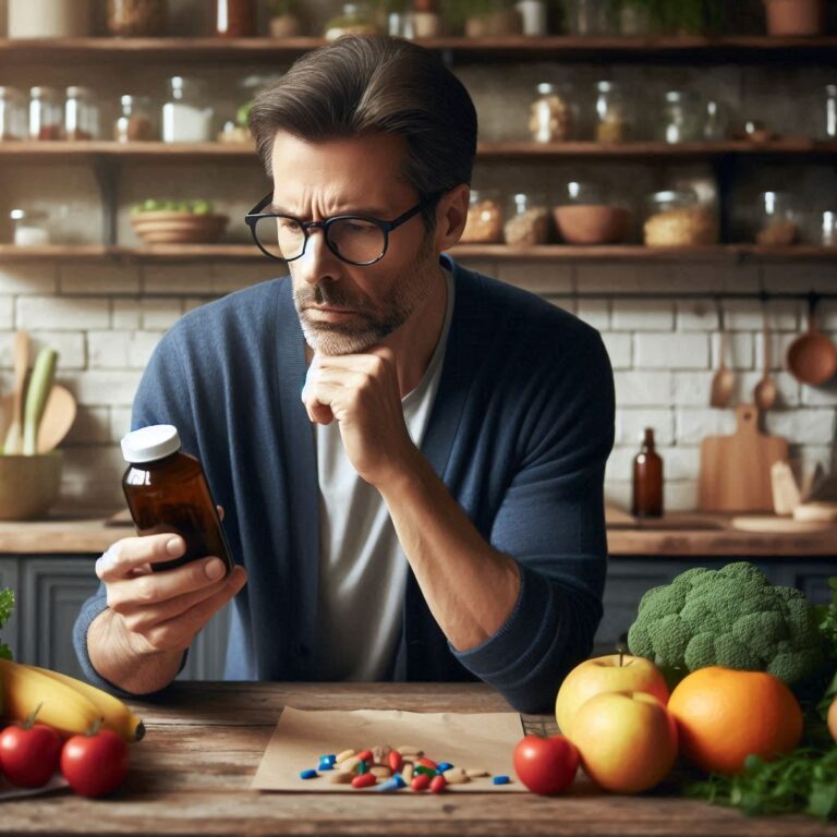 a concerned man reading a medicine bottle