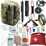 A survival gear kit containing tools, a flashlight, a compass, and a first aid kit in a green pouch.