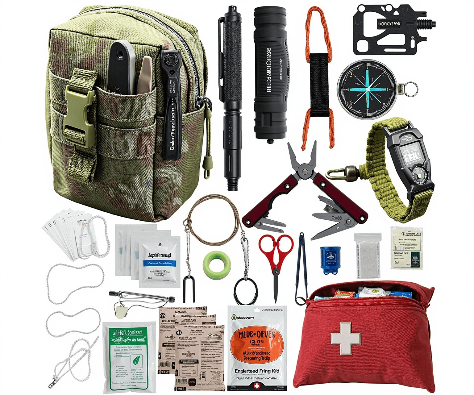 A survival gear kit containing tools, a flashlight, a compass, and a first aid kit in a green pouch.