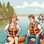 Two individuals wearing life jackets sitting on a small boat in a calm water setting.
