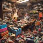 A cluttered room filled with various vintage items and dust covering surfaces, including a desk and shelves.