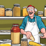 Cartoon character wearing an apron and a red hat, holding a loaf of bread in a grocery store aisle.