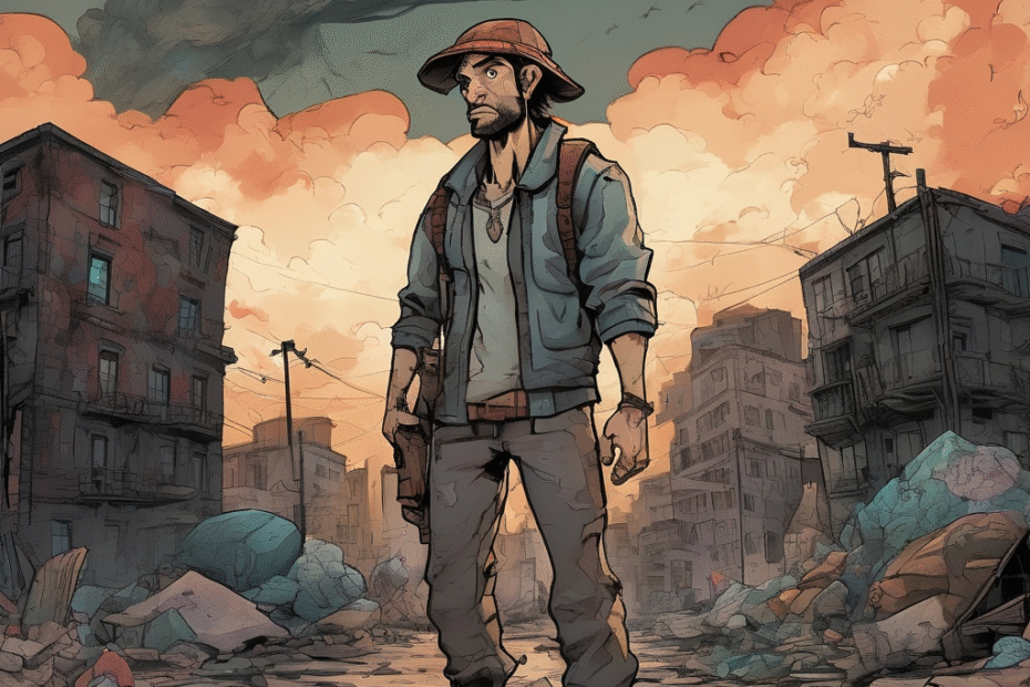 A man standing amidst rubble in a post-apocalyptic urban environment, wearing a hat and holding a weapon.