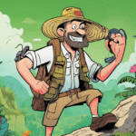 Cartoon character wearing a straw hat and safari outfit, holding binoculars in a jungle environment.