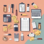 A collection of various office supplies including a calculator, laptop, and writing tools on a flat surface.