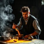 with shadows in the backgound a man works at a tab