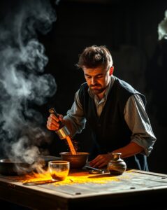 safety important with gunpowder with shadows in the backgound a man works at a tab