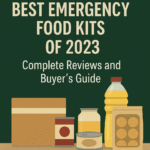 Graphic displaying various emergency food kits with text about reviews and buyer's guide for 2023.