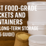 Stacked white food-grade buckets and containers alongside a bag of rice on a wooden surface.