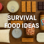 An arrangement of various food items including canned goods, peanut butter, and snack bars on a wooden surface.