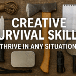 Various survival tools including an axe, knife, flashlight, and notepad arranged on a wooden surface.