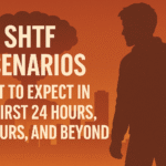 Silhouette of a person with a mushroom cloud graphic and text about SHTF scenarios and expectations.