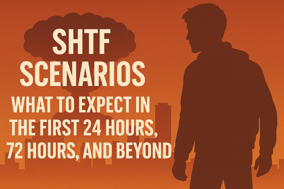 Silhouette of a person with a mushroom cloud graphic and text about SHTF scenarios and expectations.
