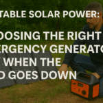 Man adjusting a portable generator next to solar panels in an outdoor setting.
