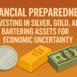 Graphic illustrating financial preparedness with gold, silver, and cash for economic uncertainty.