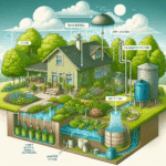 Illustration of a residential water management system featuring rainwater collection and irrigation components.