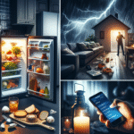 A refrigerator filled with food items in a dimly lit kitchen during a storm outside.