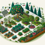 Illustration depicting a garden layout with trees, vegetables, and flowers in organized plots.