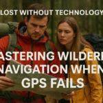 Two individuals examining a map in a forest setting, with backpacks on their shoulders.