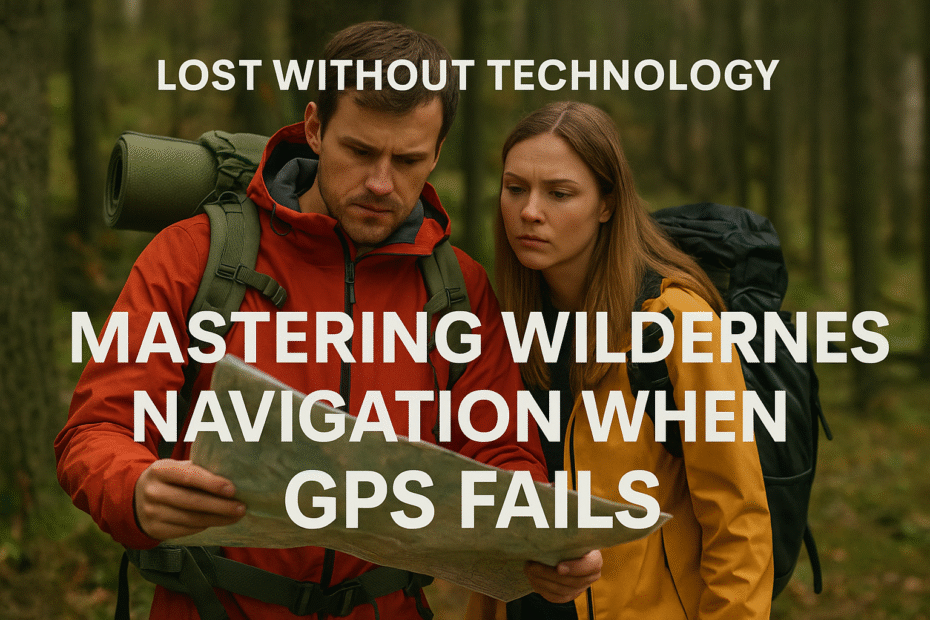 Two individuals examining a map in a forest setting, with backpacks on their shoulders.
