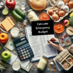 Calculator and food items on a table with a budget sheet titled 'Calculate Emergency Budget'.