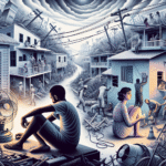Illustration depicting a community recovering from a storm with people engaged in various activities.