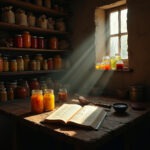 Open cookbook on a wooden table with jars of preserved foods and sunlight streaming through a window.